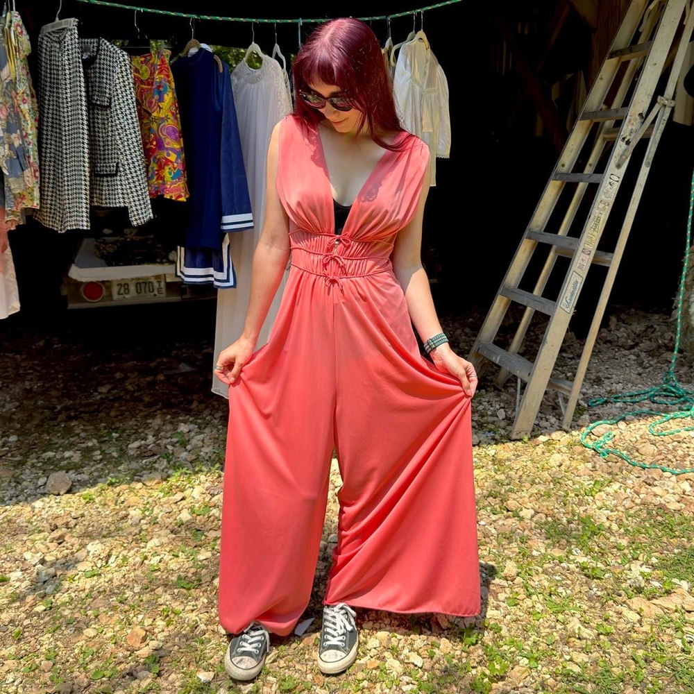 70s peach nylon lounge romper maxi w/ deep v neck palazzo leg gathered bust